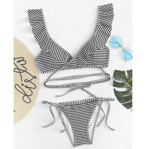 Other - LAST 1 SZ L ! Black Stripe Ruffle Lace Up Bikini